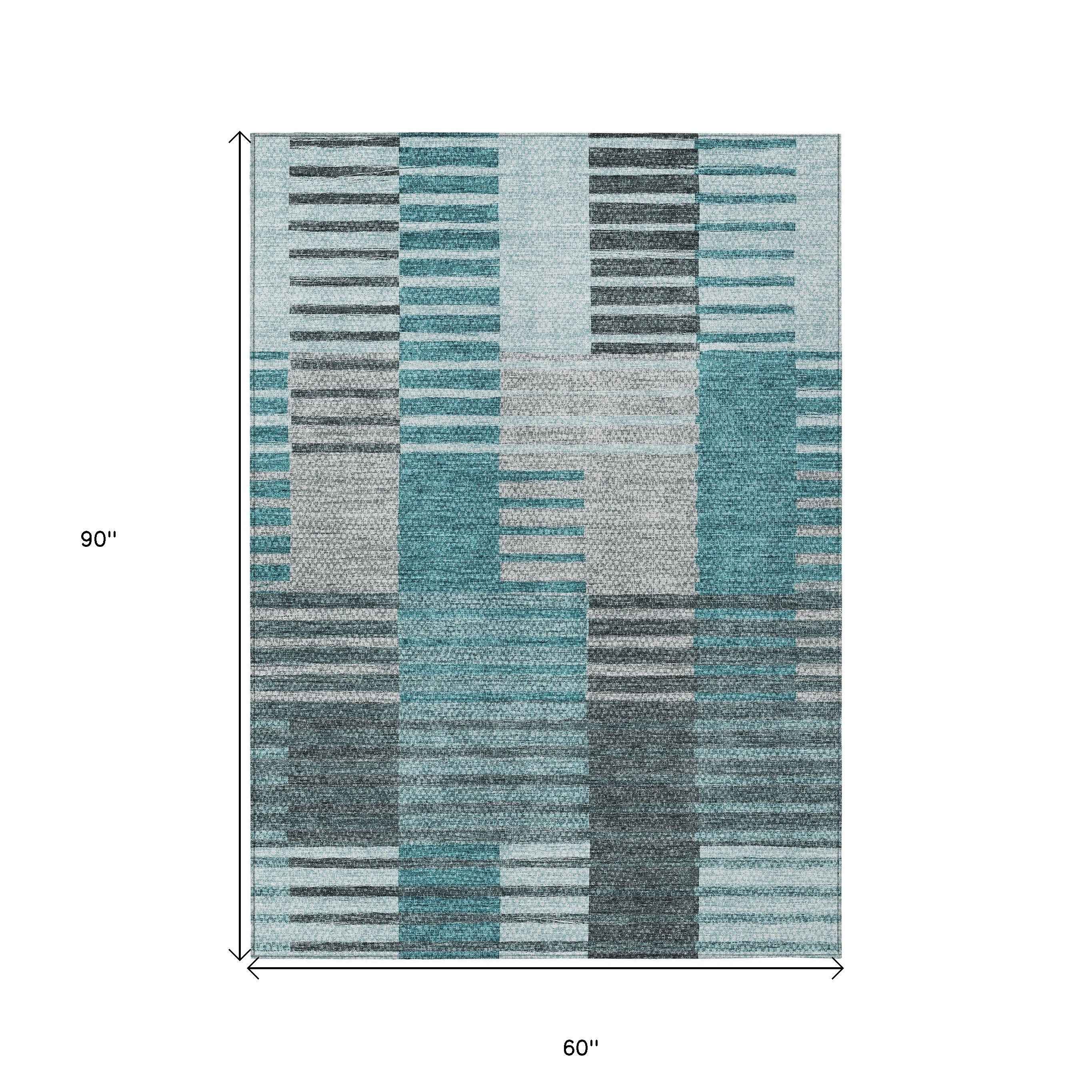 5' X 8' Teal Blue Aqua And Gray Striped Washable Indoor Outdoor Area Rug