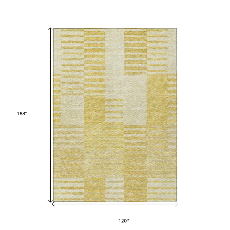 10' X 14' Gold Wheat And Ivory Striped Washable Indoor Outdoor Area Rug
