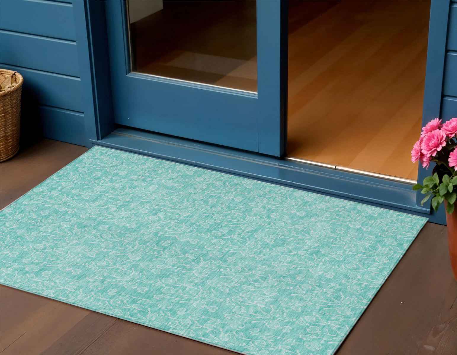 3' X 5' Teal Blue And Ivory Floral Washable Indoor Outdoor Area Rug