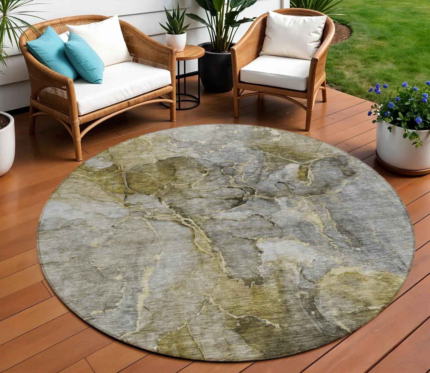 8' Taupe Brown And Gray Round Abstract Washable Indoor Outdoor Area Rug