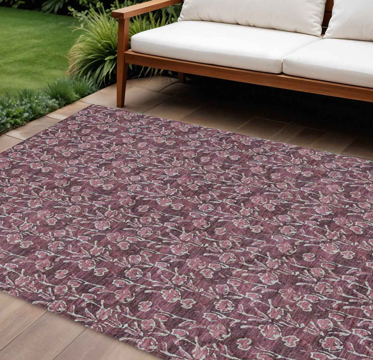 8' X 10' Merlot Mauve And Ivory Floral Washable Indoor Outdoor Area Rug