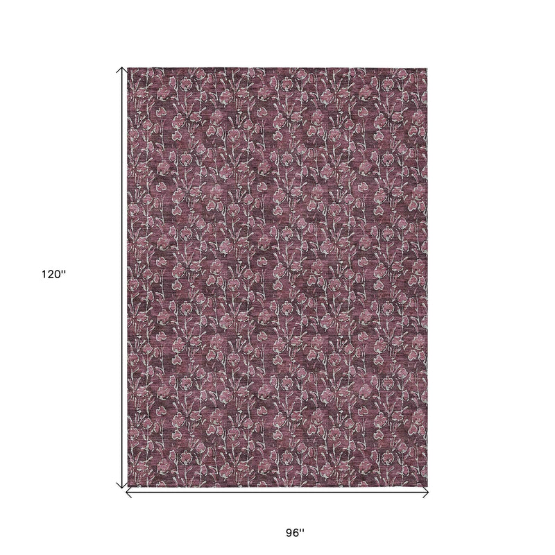 8' X 10' Merlot Mauve And Ivory Floral Washable Indoor Outdoor Area Rug