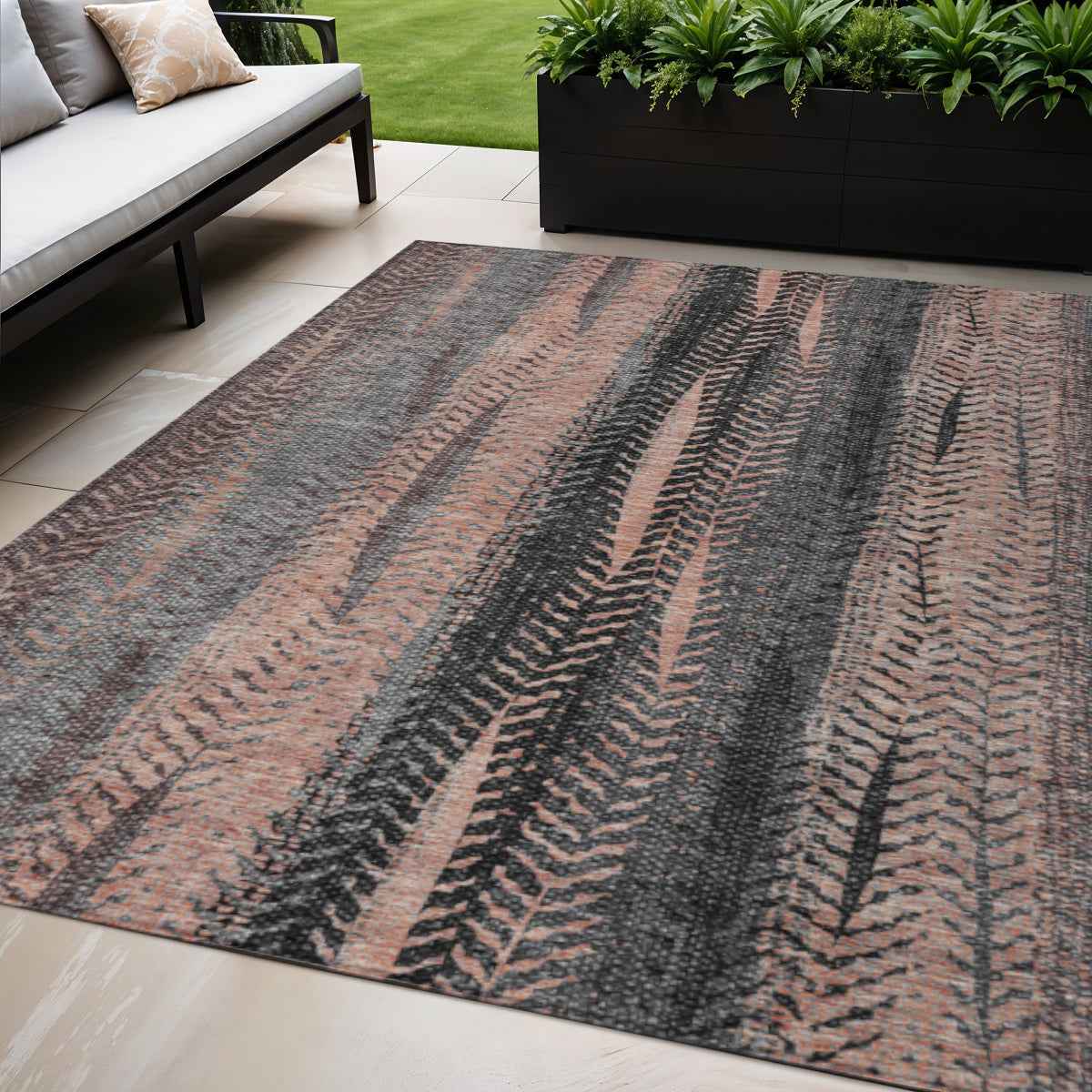 5' X 8' Blue Charcoal And Copper Botanical Leaves Washable Indoor Outdoor Area Rug