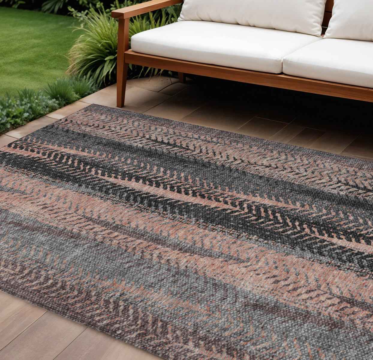 10' X 14' Blue Charcoal And Copper Botanical Leaves Washable Indoor Outdoor Area Rug