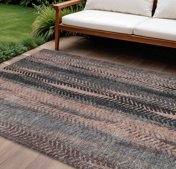 10' X 14' Blue Charcoal And Copper Botanical Leaves Washable Indoor Outdoor Area Rug