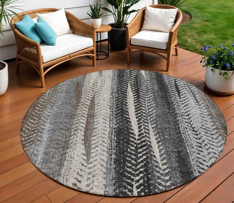 8' Brown Gray And Ivory Round Botanical Leaves Washable Indoor Outdoor Area Rug