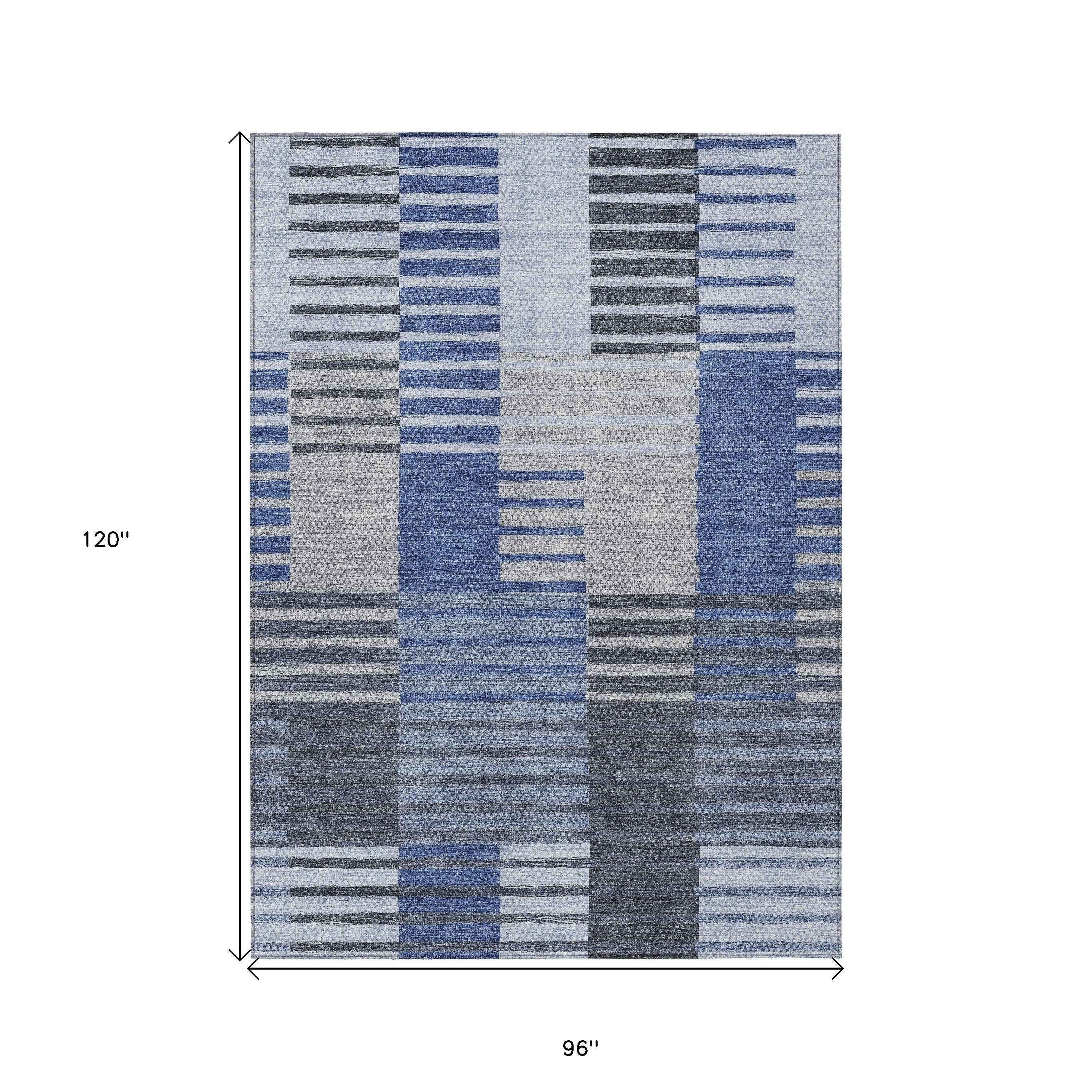 8' X 10' Denim Blue And Navy Blue Striped Washable Indoor Outdoor Area Rug