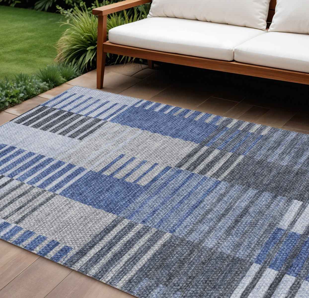 8' X 10' Denim Blue And Navy Blue Striped Washable Indoor Outdoor Area Rug