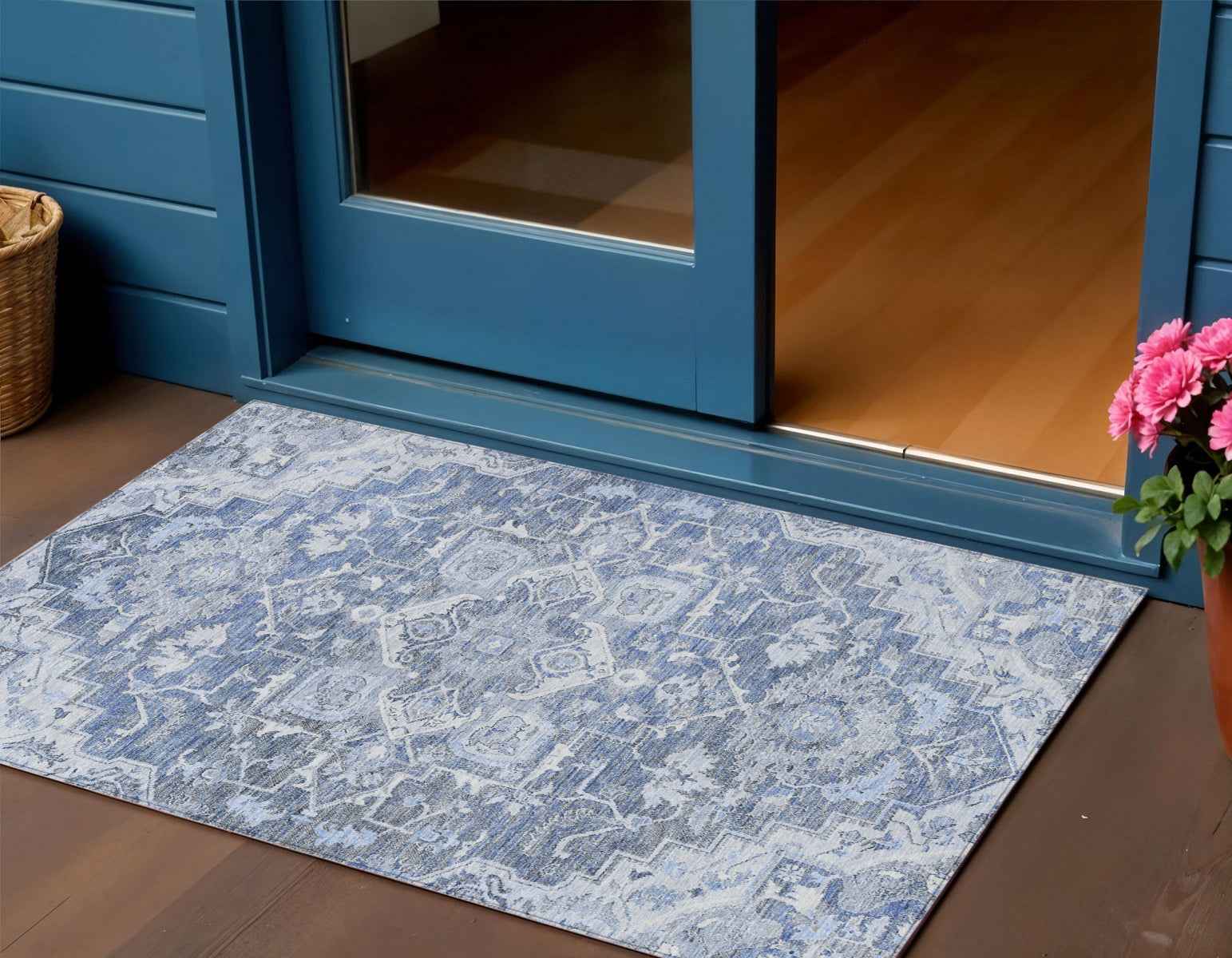 3' X 5' Denim Blue And Sky Blue Oriental Washable Indoor Outdoor Area Rug