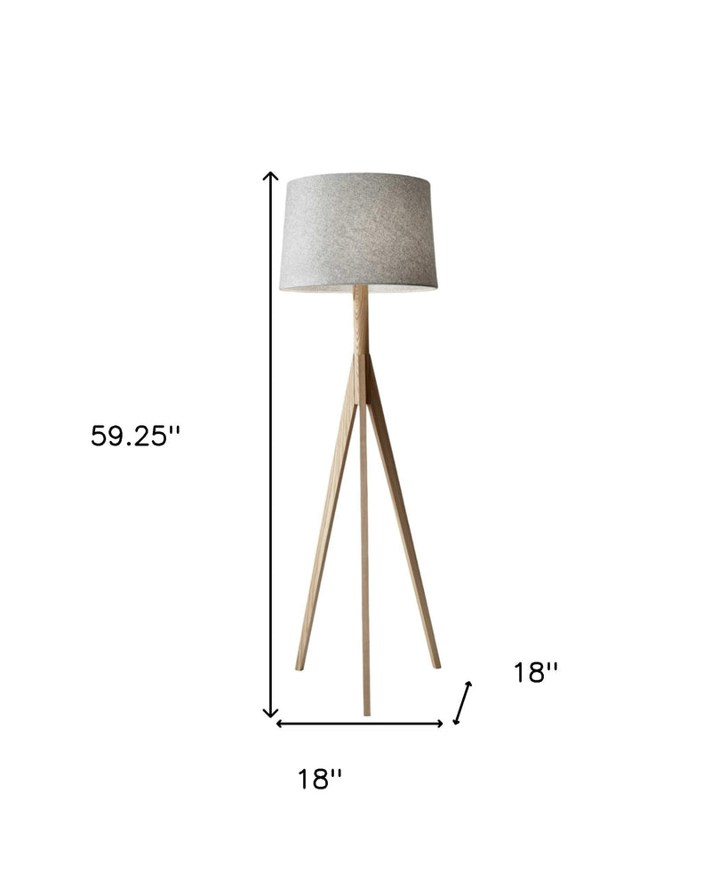 59" Natural Solid Wood Tripod Floor Lamp With Gray Fabric Empire Shade - Lighting