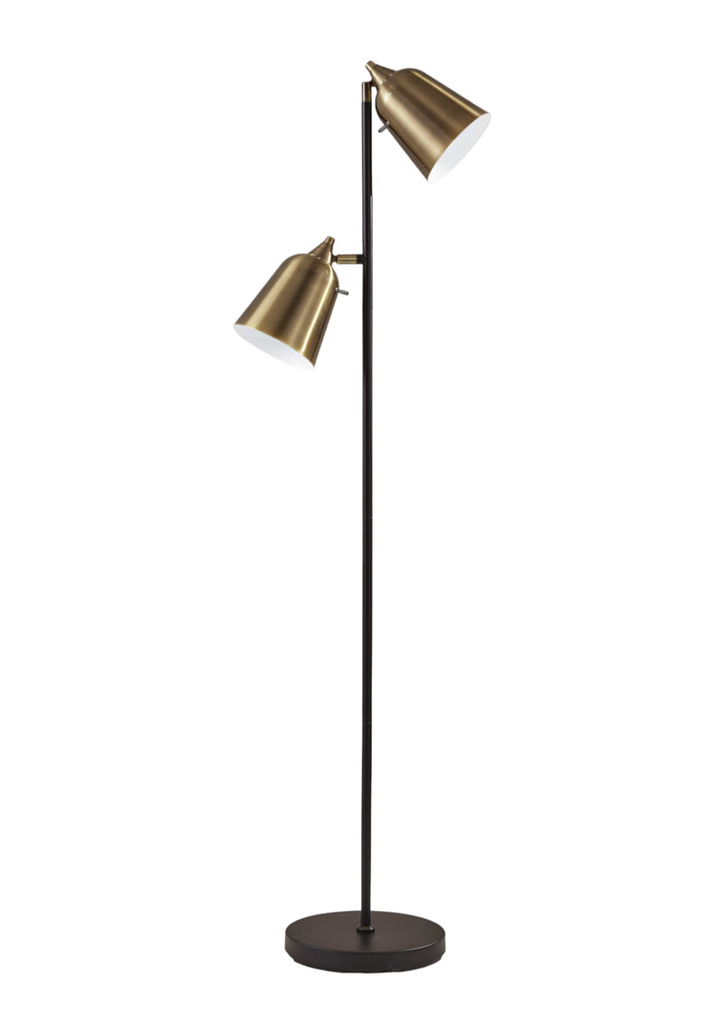 58" Black Two Light Task Floor Lamp With Antiqued Brass Metal Cone Shade - Lighting