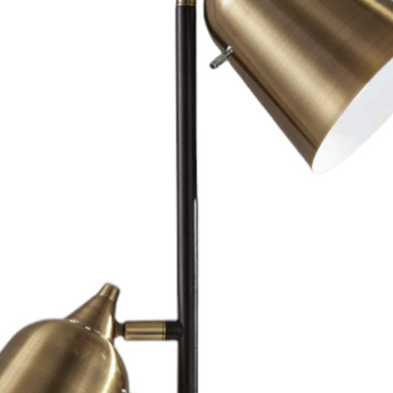 58" Black Two Light Task Floor Lamp With Antiqued Brass Metal Cone Shade - Lighting