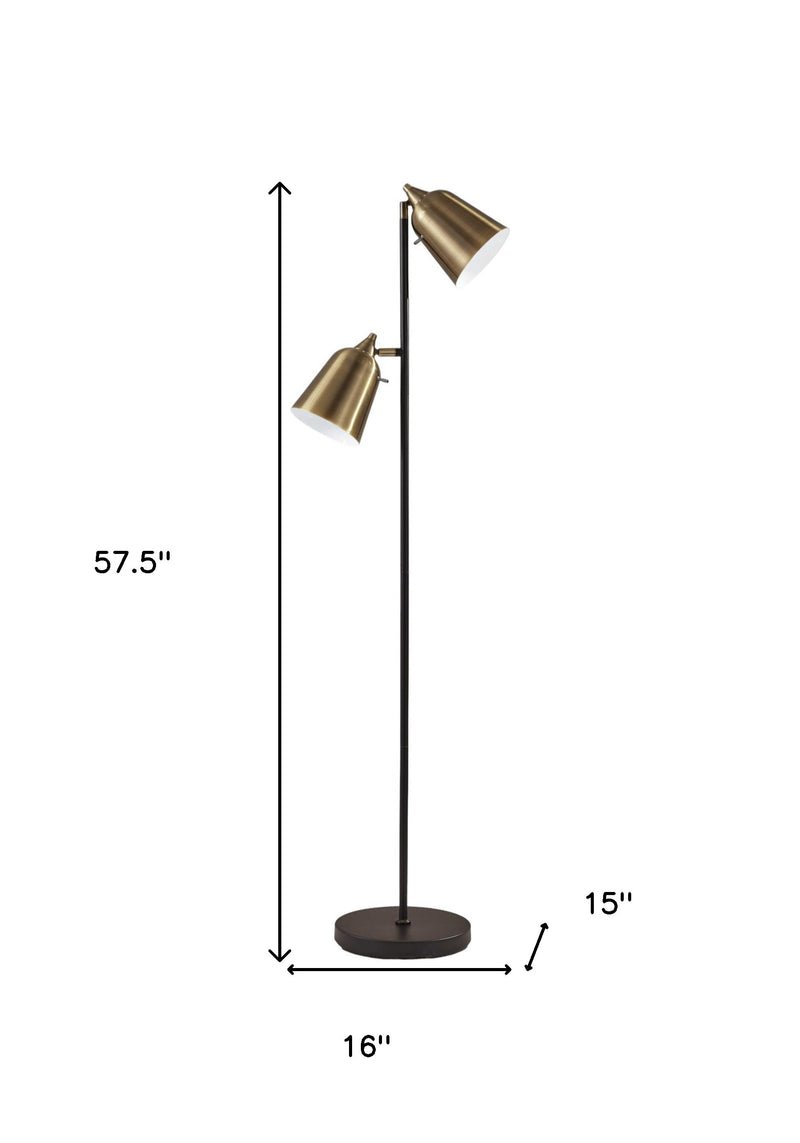 58" Black Two Light Task Floor Lamp With Antiqued Brass Metal Cone Shade - Lighting