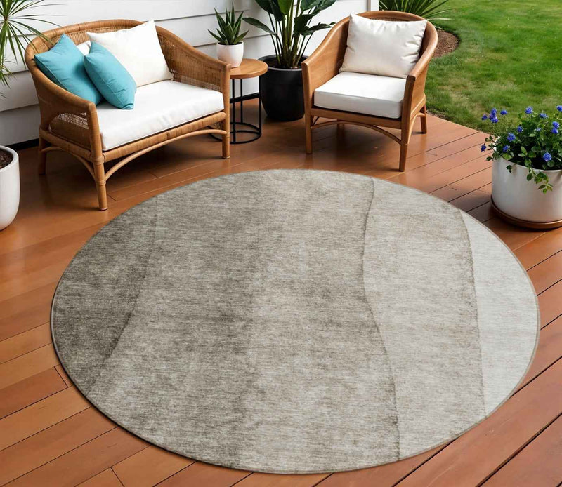 8' Taupe Brown And Ivory Round Ombre Washable Indoor Outdoor Area Rug