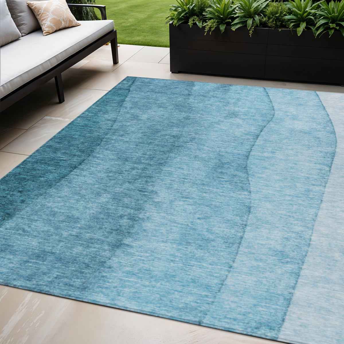 5' X 8' Teal Blue Aqua And Blue Ombre Washable Indoor Outdoor Area Rug
