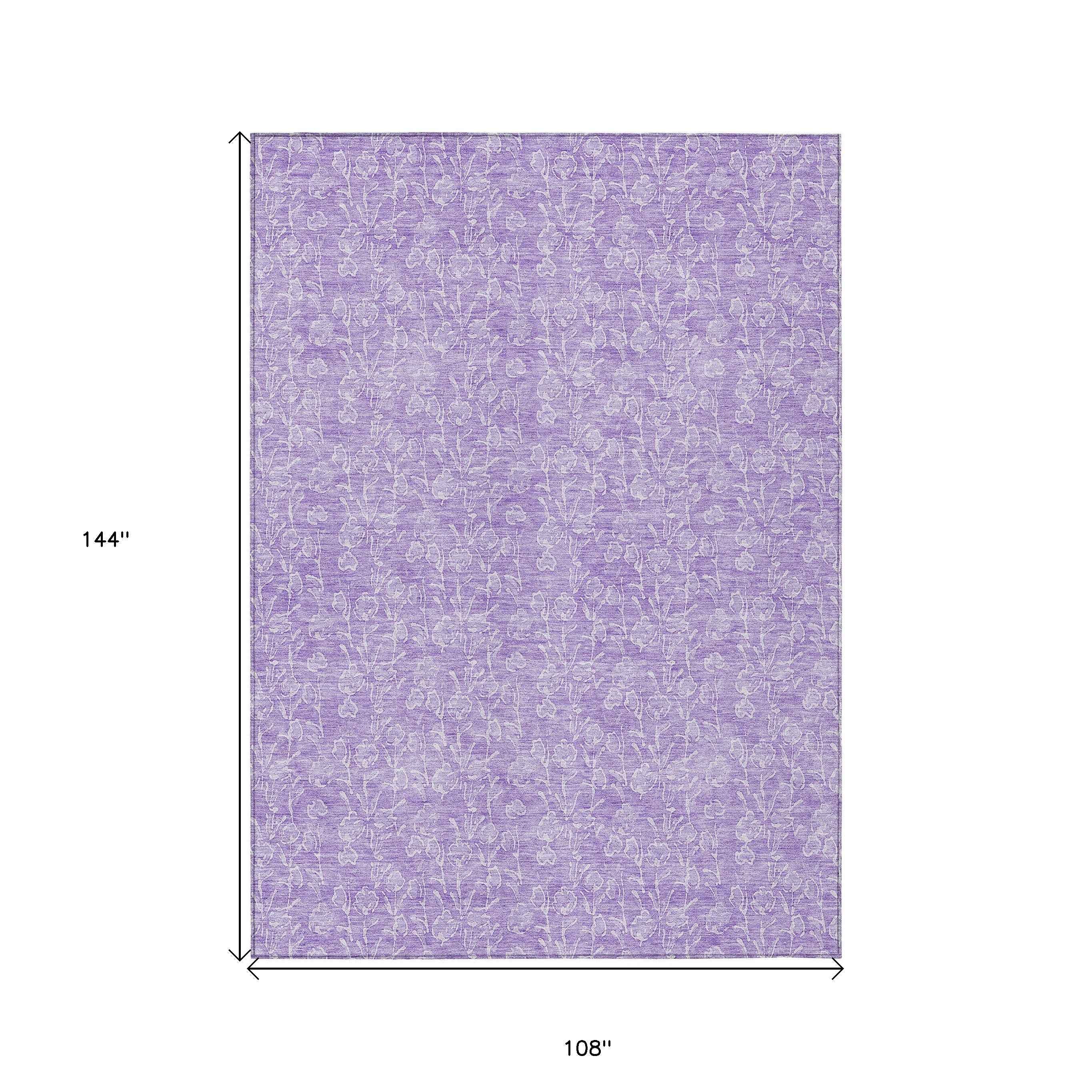 9' X 12' Lilac And Ivory Floral Washable Indoor Outdoor Area Rug