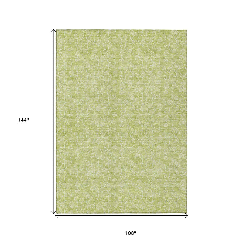9' X 12' Artichoke Green And Ivory Floral Washable Indoor Outdoor Area Rug