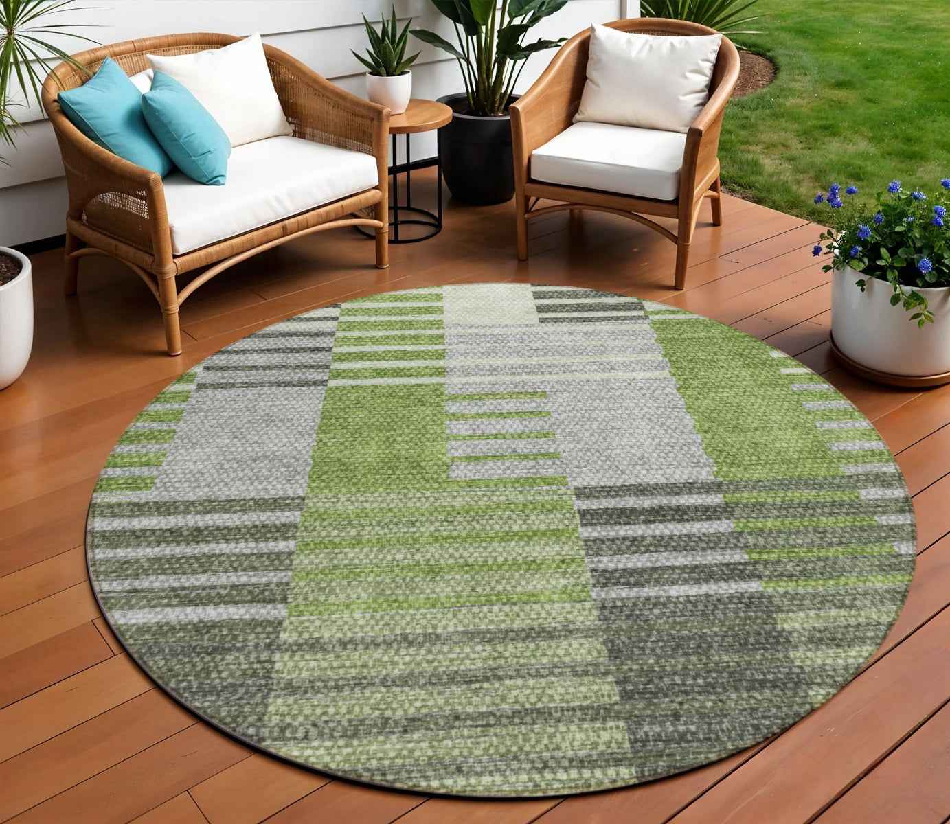8' Green And Olive Green Round Striped Washable Indoor Outdoor Area Rug