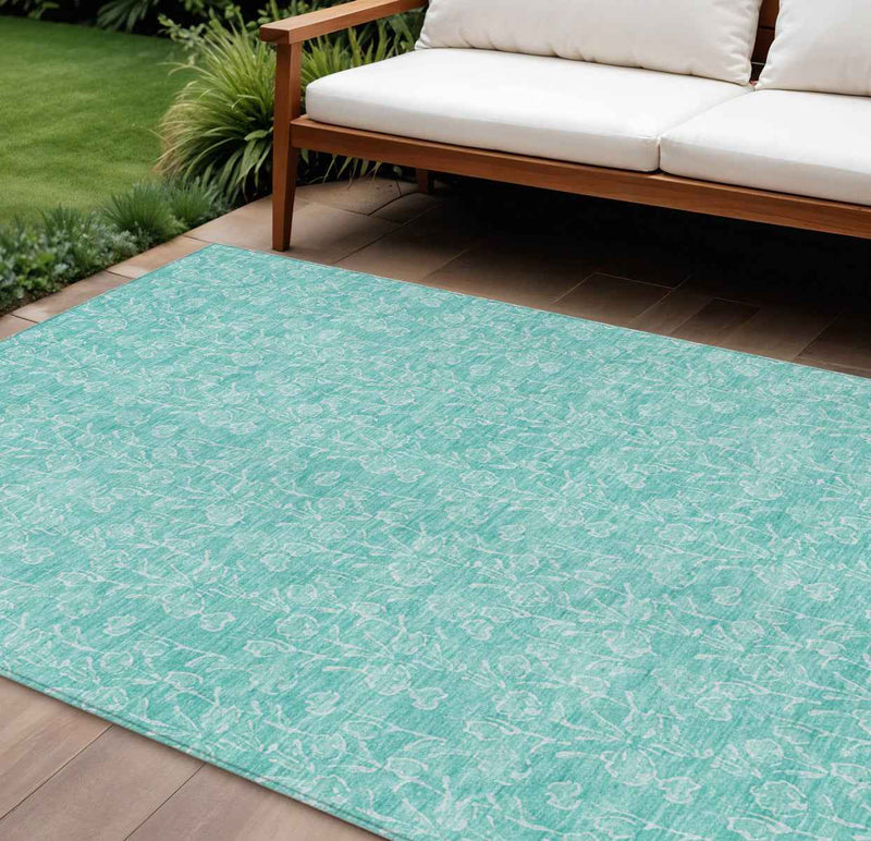 9' X 12' Teal Blue And Ivory Floral Washable Indoor Outdoor Area Rug
