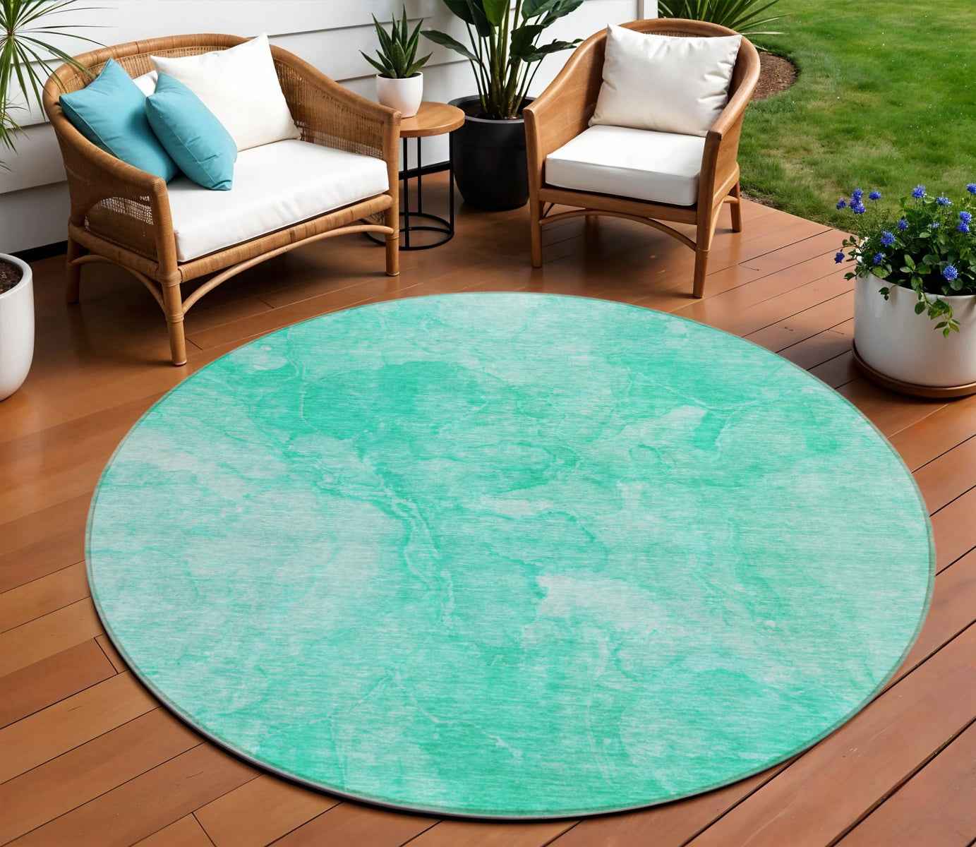 8' Teal Blue And Aqua Round Nautical Washable Indoor Outdoor Area Rug