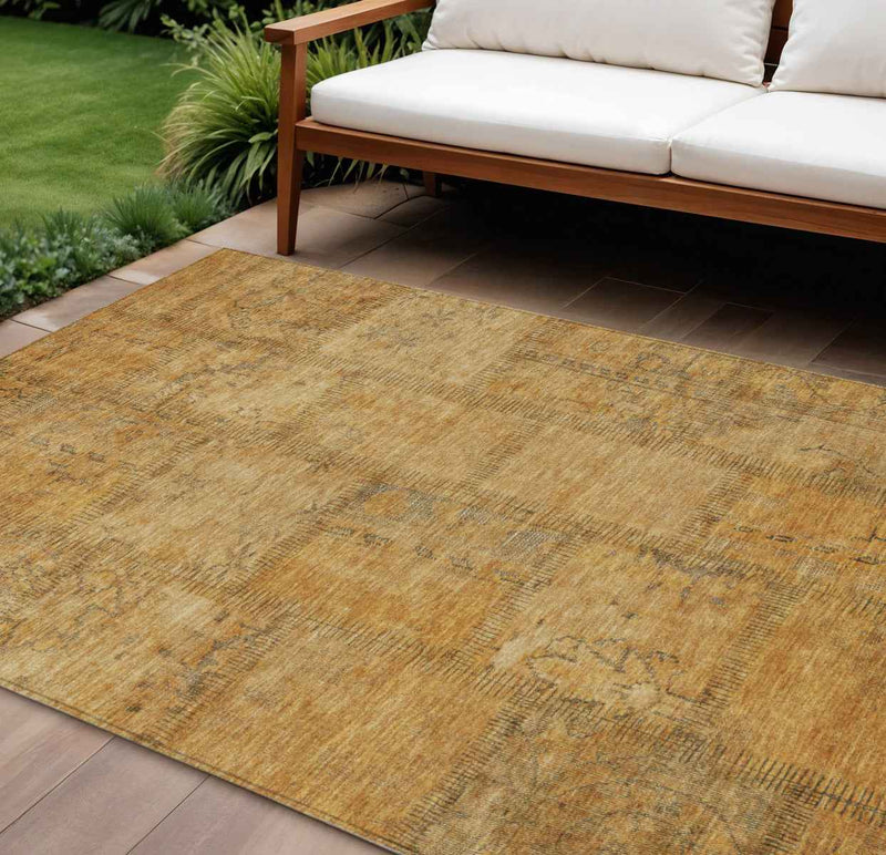 8' X 10' Peach Gray And Charcoal Patchwork Washable Indoor Outdoor Area Rug