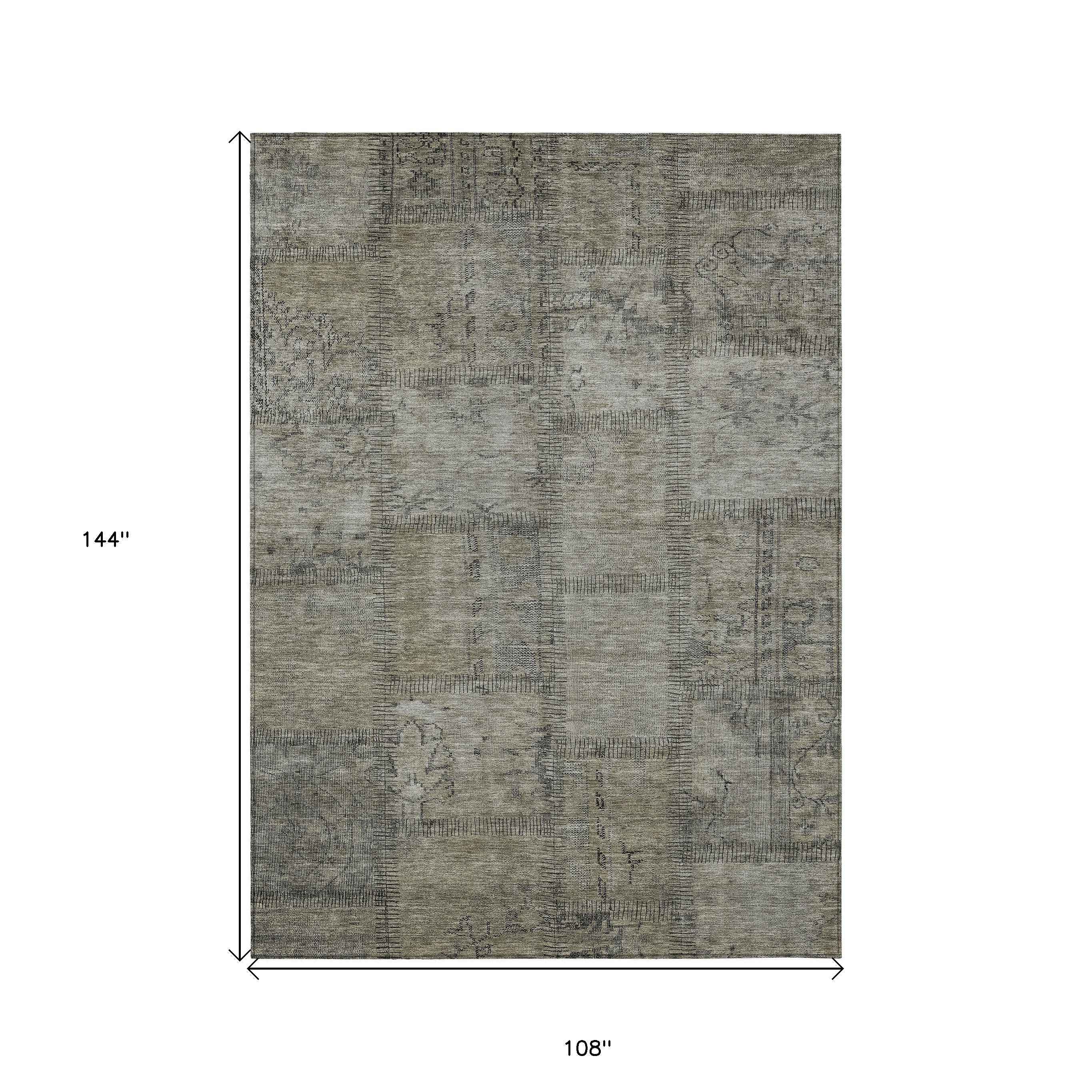 9' X 12' Taupe Brown And Beige Patchwork Washable Indoor Outdoor Area Rug