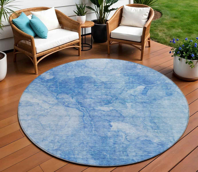 8' Denim Blue And Sky Blue Round Nautical Washable Indoor Outdoor Area Rug