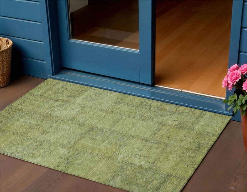 3' X 5' Fern Green And Artichoke Green Patchwork Washable Indoor Outdoor Area Rug