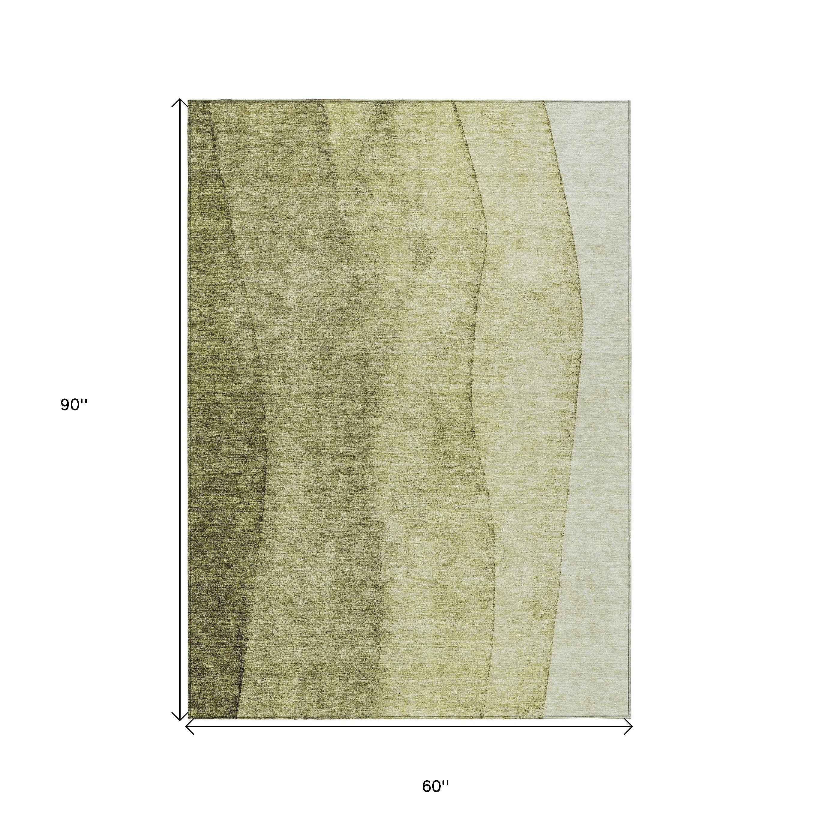 5' X 8' Olive Green And Artichoke Green Ombre Washable Indoor Outdoor Area Rug