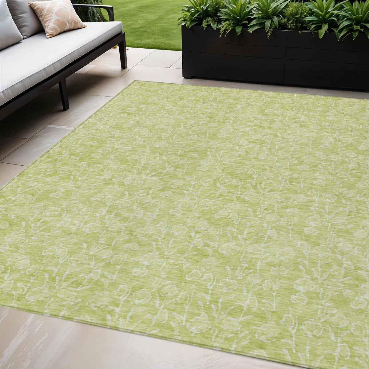 5' X 8' Artichoke Green And Ivory Floral Washable Indoor Outdoor Area Rug