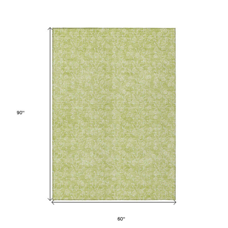 5' X 8' Artichoke Green And Ivory Floral Washable Indoor Outdoor Area Rug