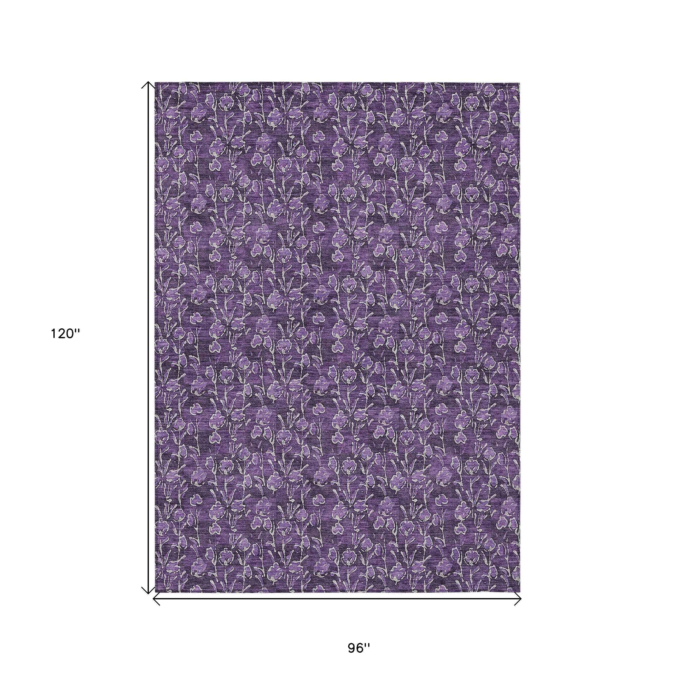 8' X 10' Purple Eggplant And Ivory Floral Washable Indoor Outdoor Area Rug
