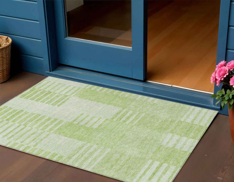 3' X 5' Artichoke Green And Mint Green Striped Washable Indoor Outdoor Area Rug