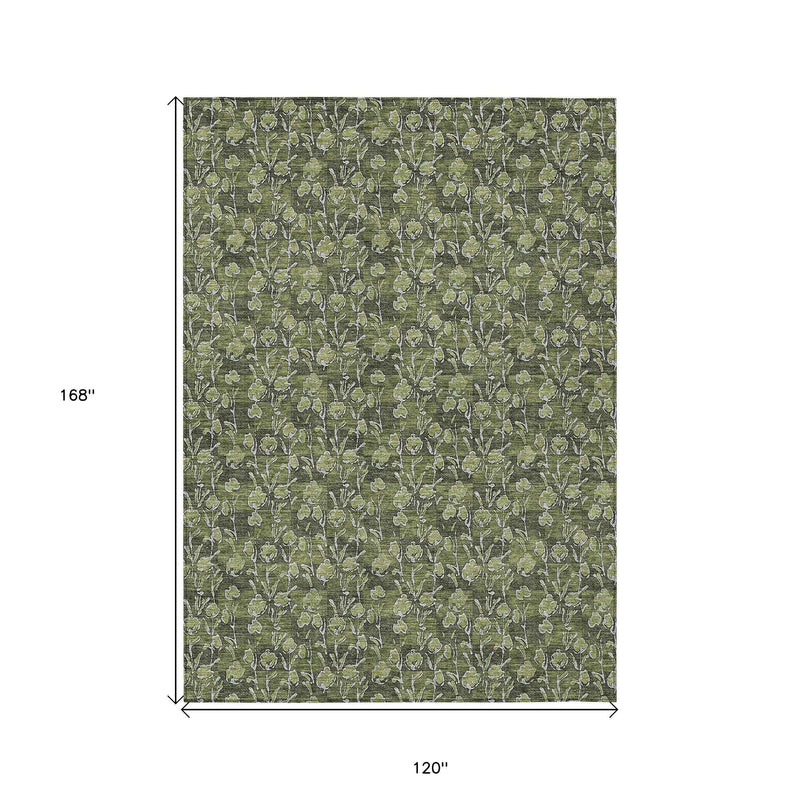 10' X 14' Olive Green Artichoke Green And Ivory Floral Washable Indoor Outdoor Area Rug