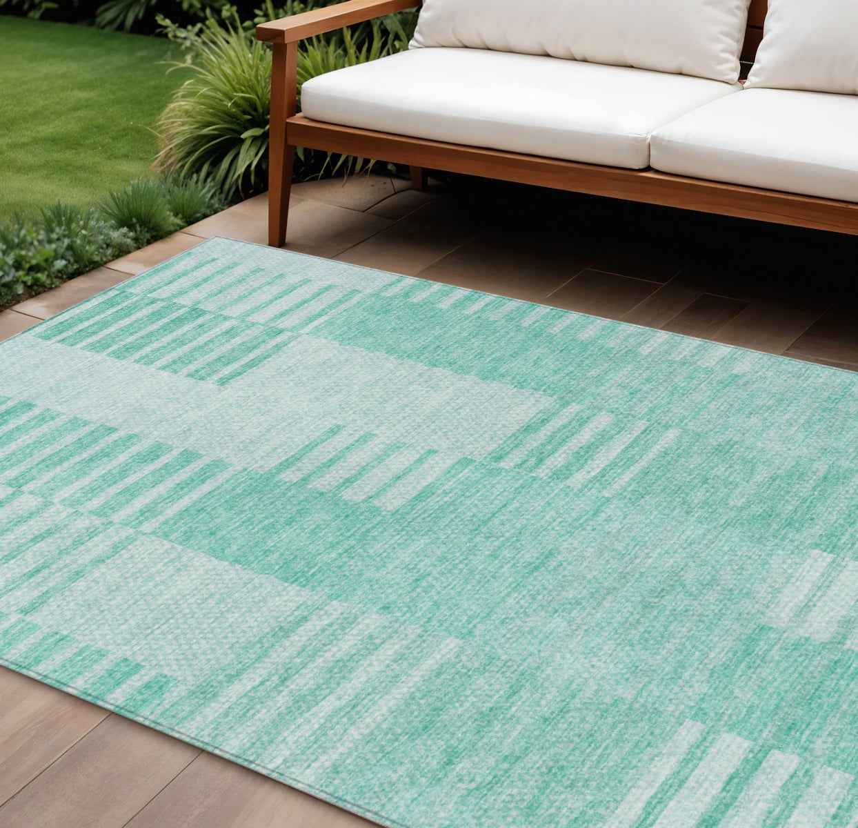 9' X 12' Teal Blue Aqua And Ivory Striped Washable Indoor Outdoor Area Rug