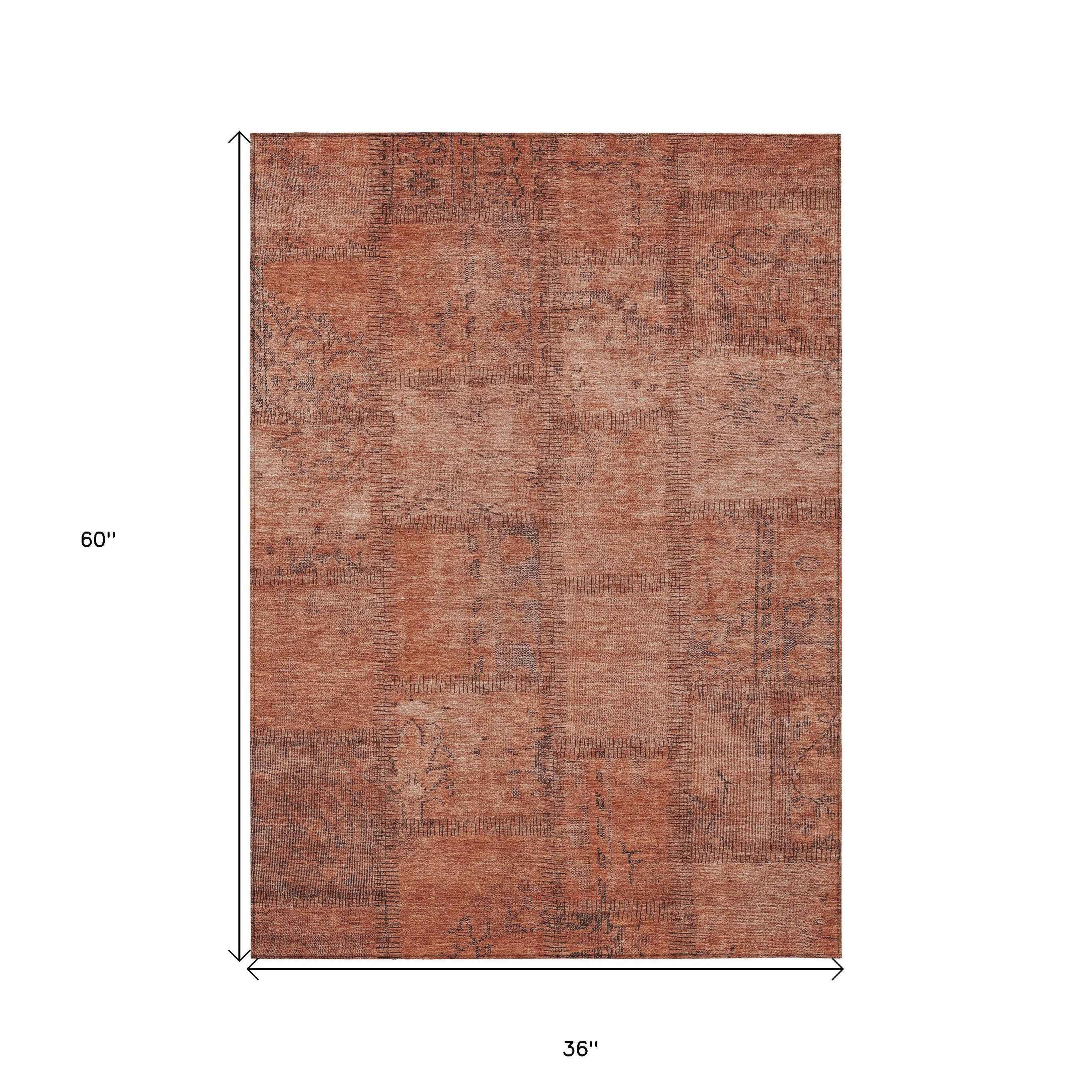 3' X 5' Salmon Copper And Gray Patchwork Washable Indoor Outdoor Area Rug