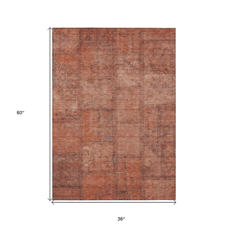 3' X 5' Salmon Copper And Gray Patchwork Washable Indoor Outdoor Area Rug