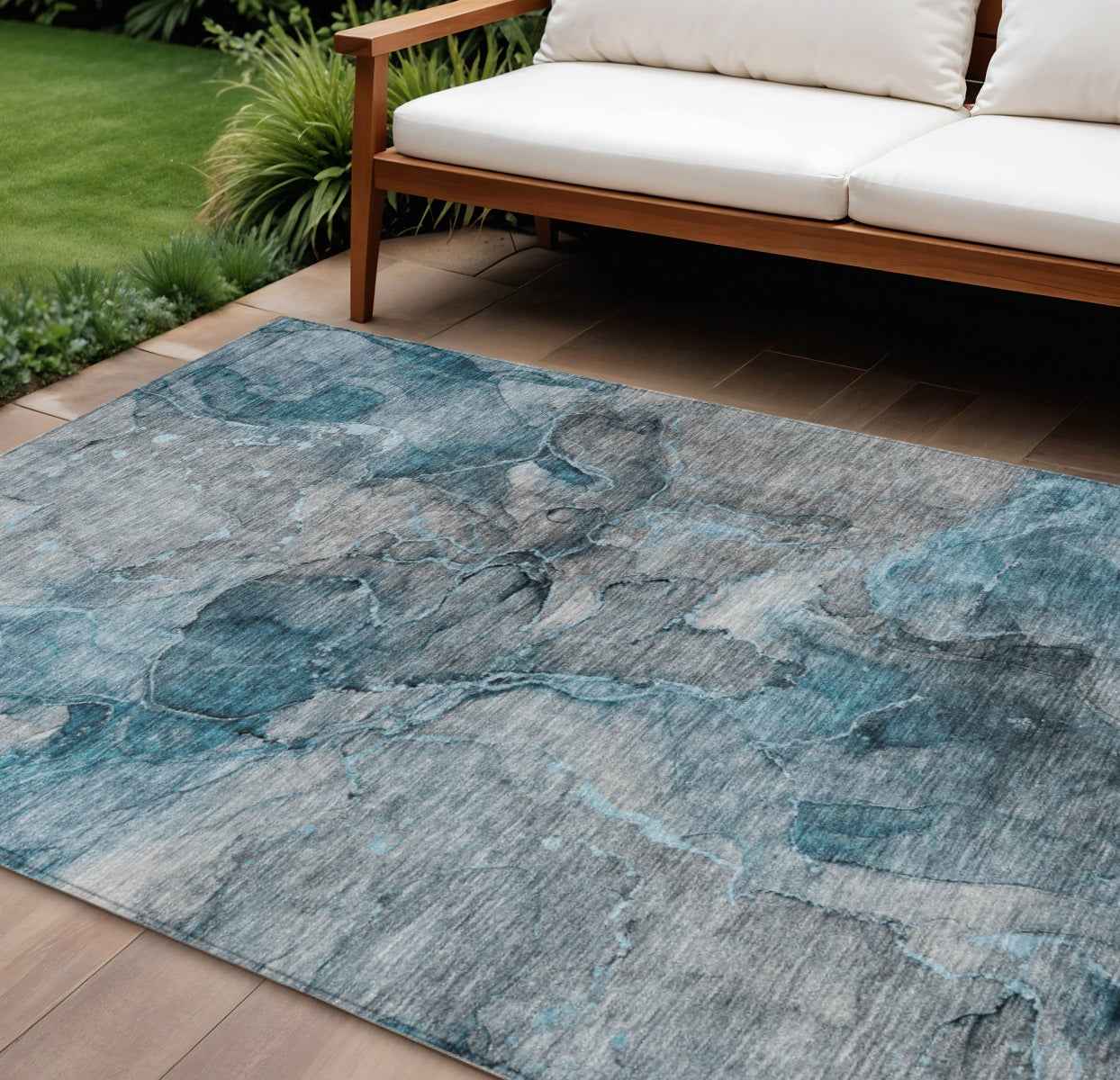 10' X 14' Teal Blue And Navy Blue Abstract Washable Indoor Outdoor Area Rug