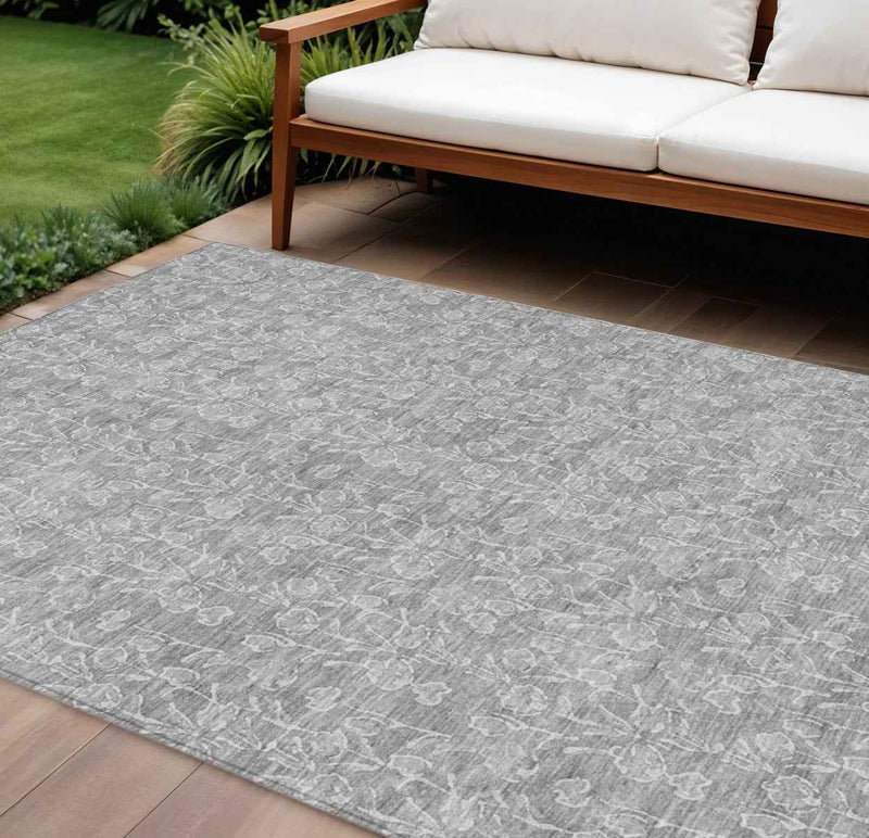 10' X 14' Silver And Ivory Floral Washable Indoor Outdoor Area Rug