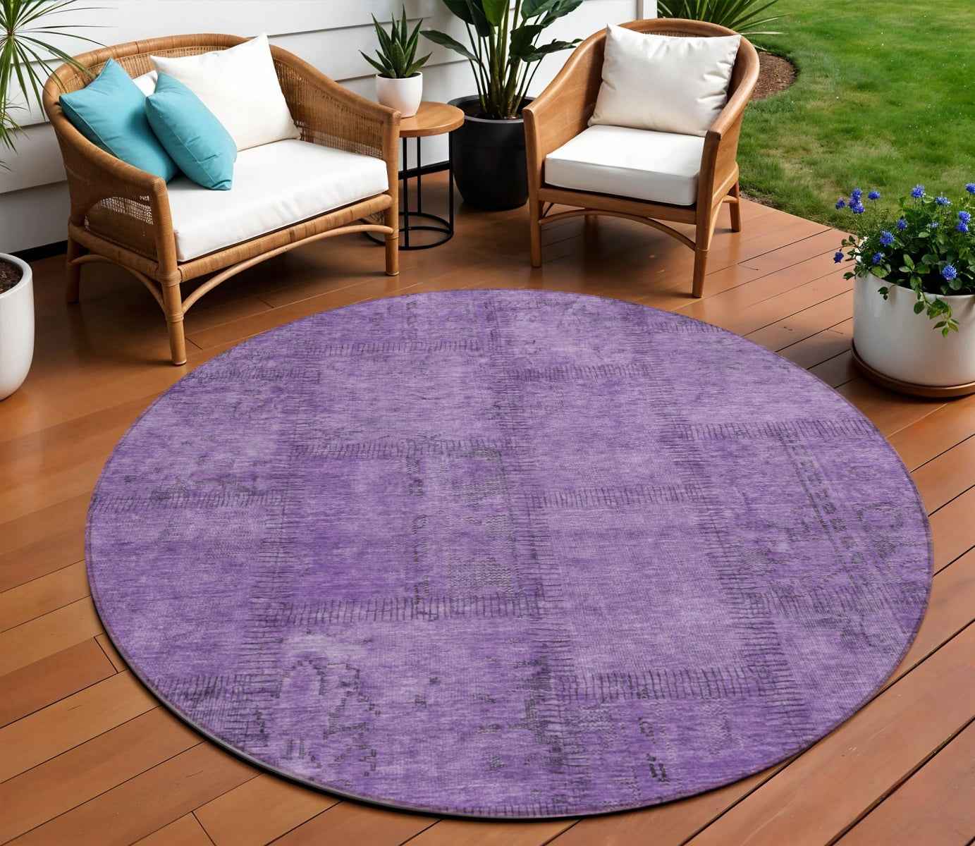 8' Purple Eggplant And Gray Round Patchwork Washable Indoor Outdoor Area Rug