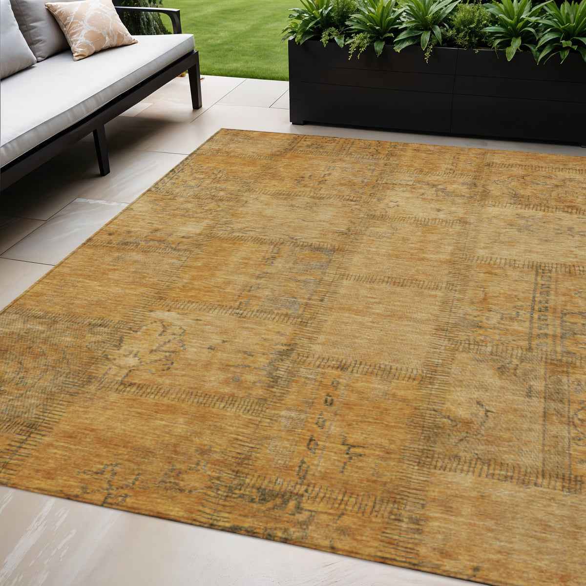 5' X 8' Peach Gray And Charcoal Patchwork Washable Indoor Outdoor Area Rug