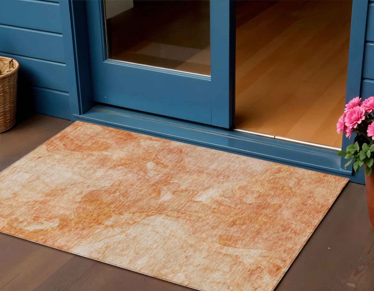 3' X 5' Salmon Peach And Ivory Nautical Washable Indoor Outdoor Area Rug