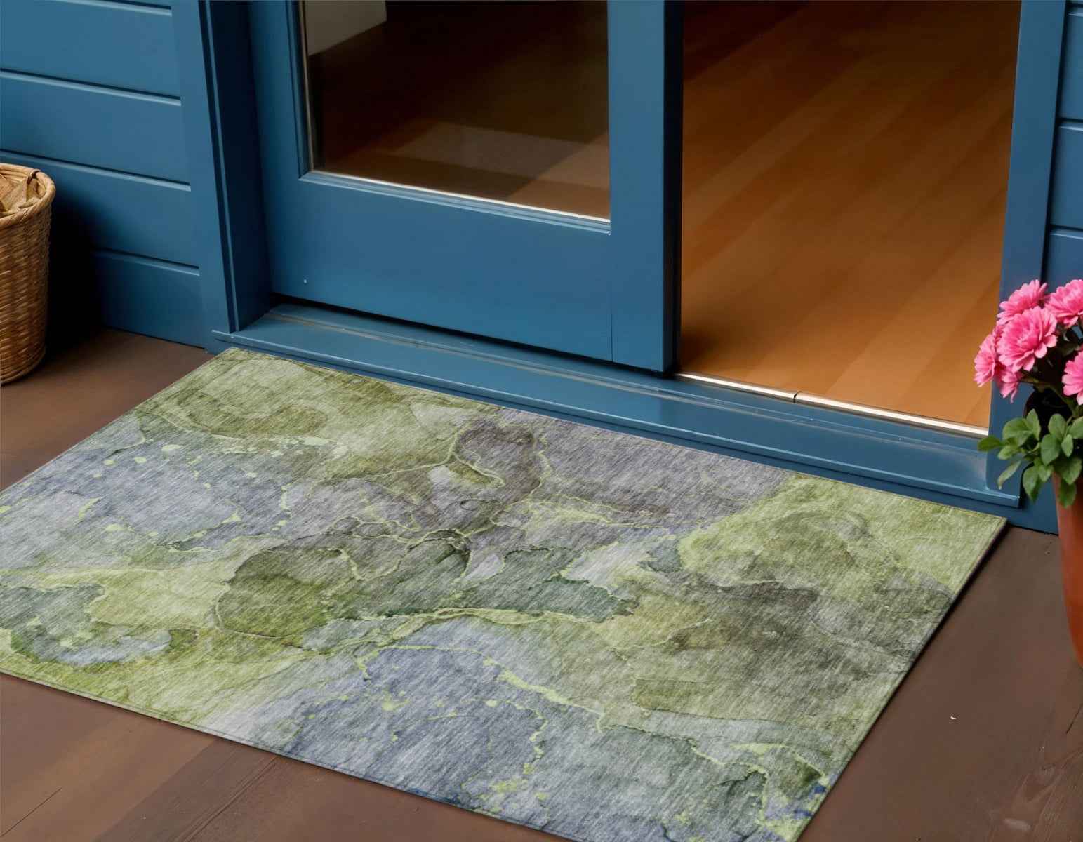 3' X 5' Olive Green And Gray Abstract Washable Indoor Outdoor Area Rug