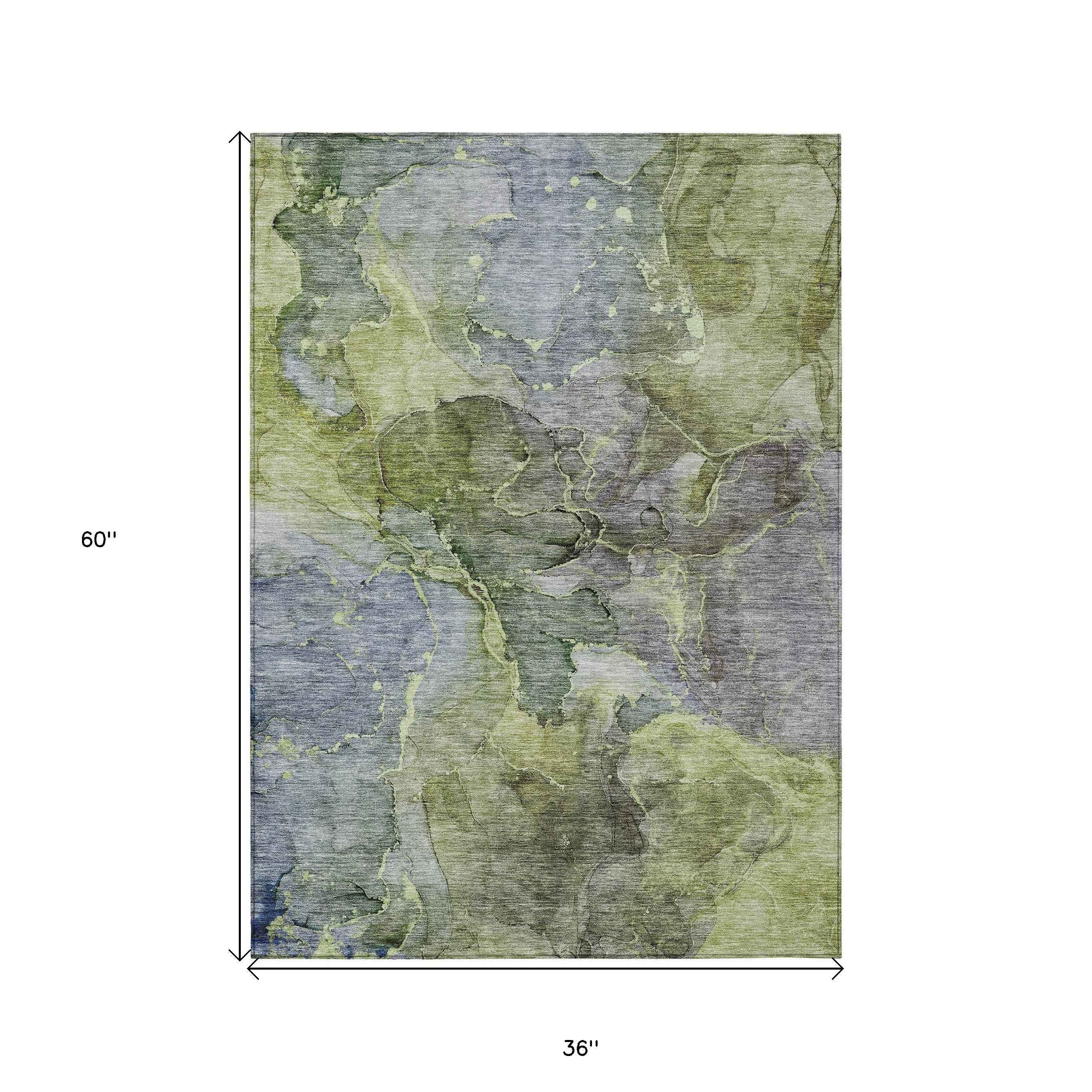 3' X 5' Olive Green And Gray Abstract Washable Indoor Outdoor Area Rug