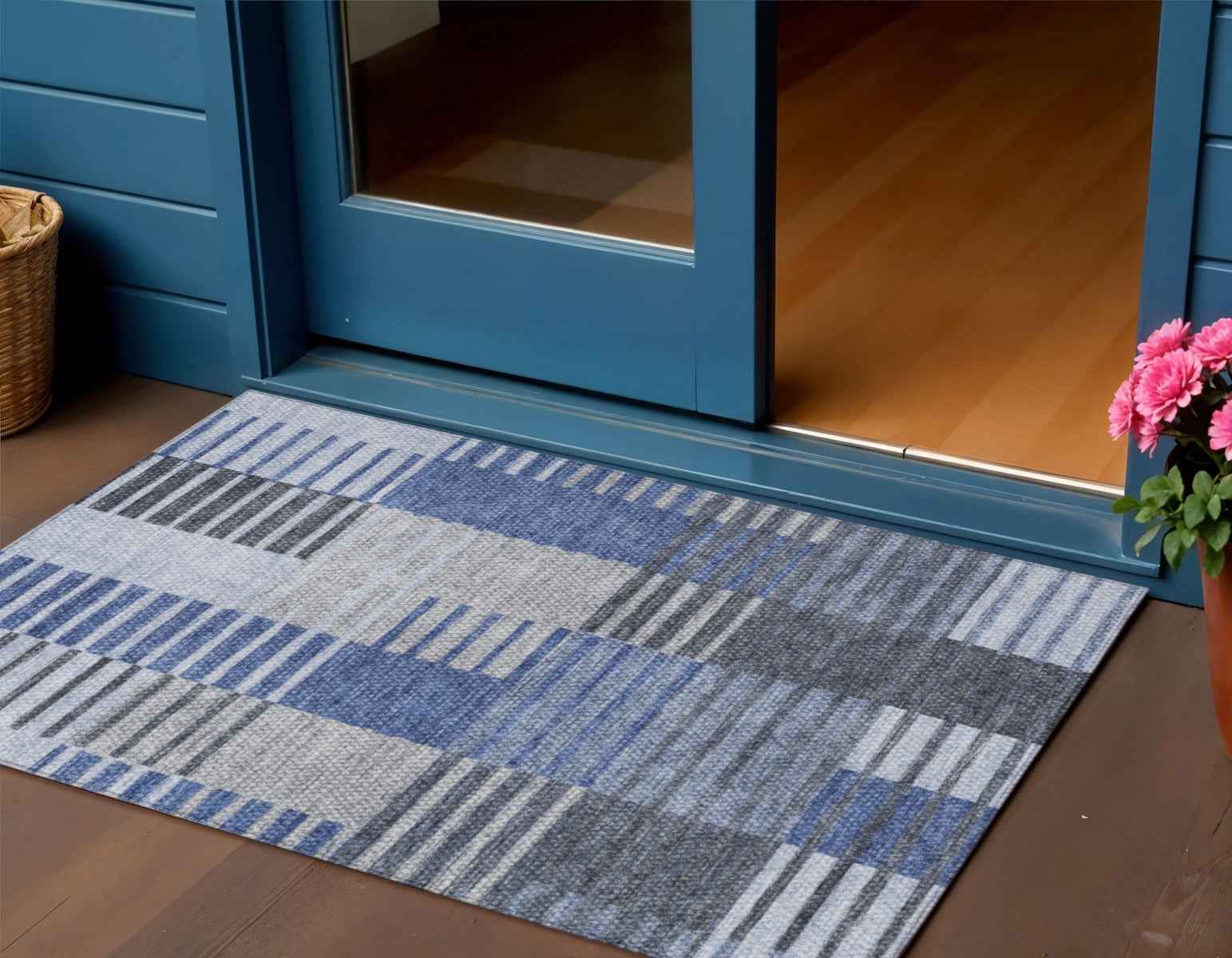 3' X 5' Denim Blue And Navy Blue Striped Washable Indoor Outdoor Area Rug
