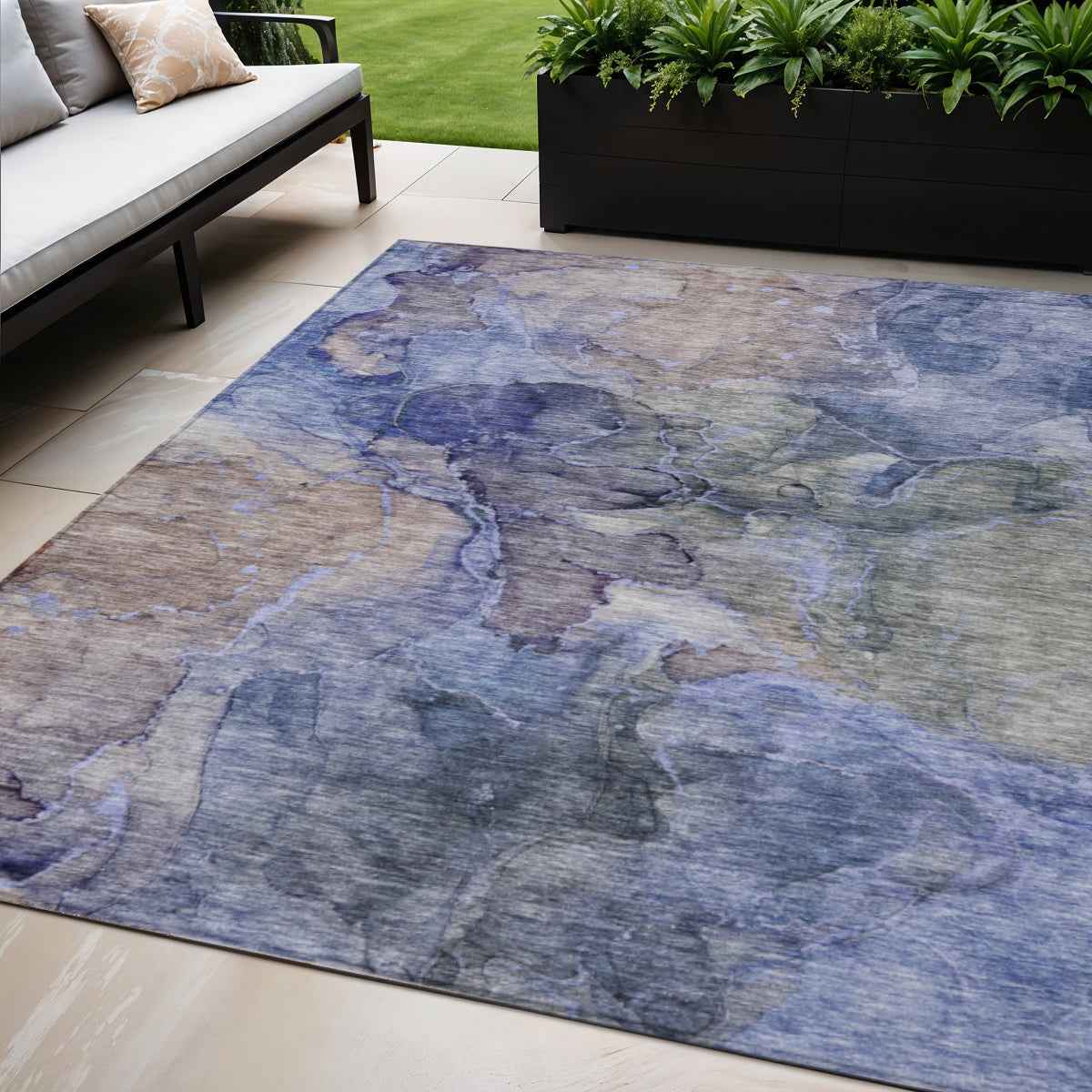 5' X 8' Navy Blue And Beige Abstract Washable Indoor Outdoor Area Rug