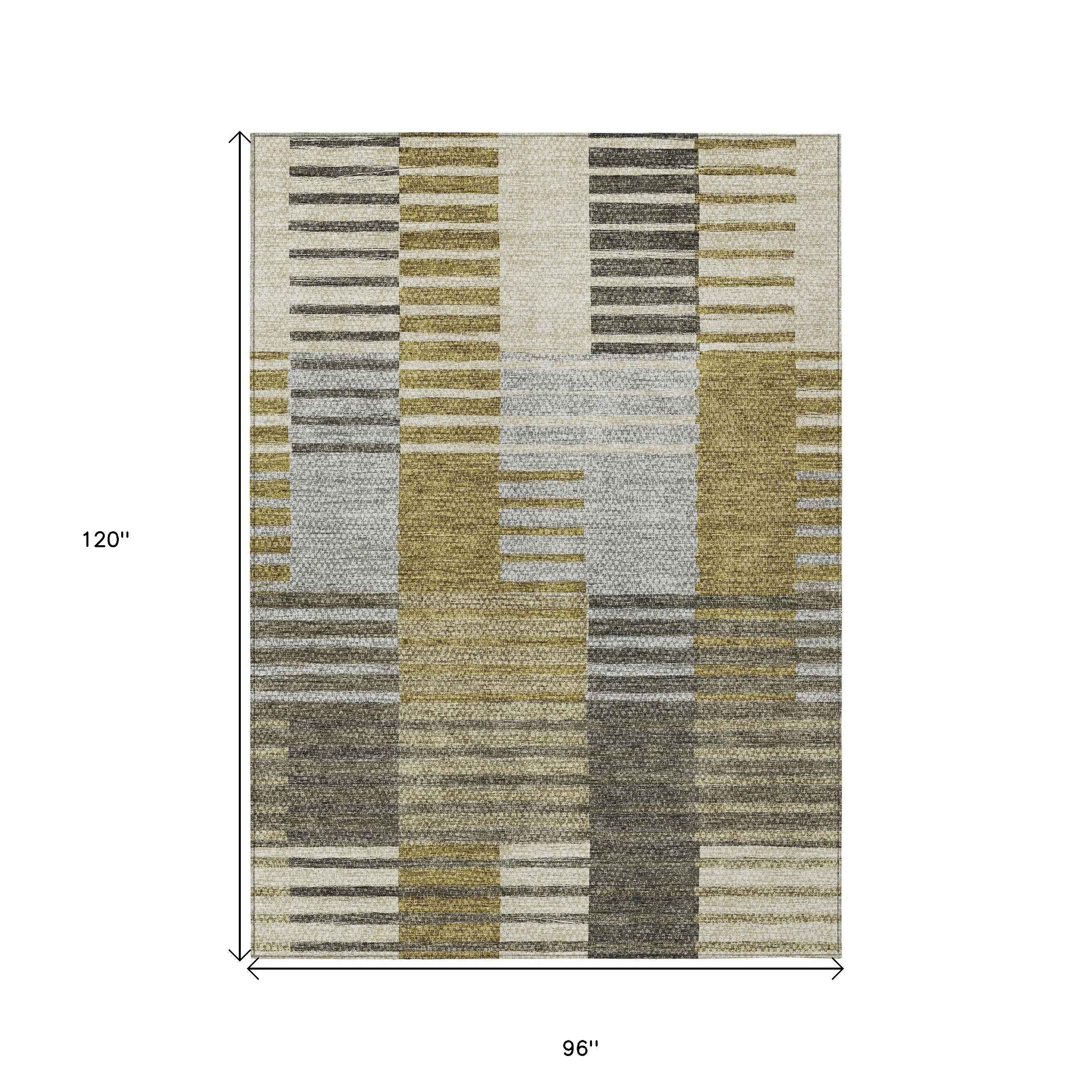8' X 10' Brown Gold And Taupe Striped Washable Indoor Outdoor Area Rug