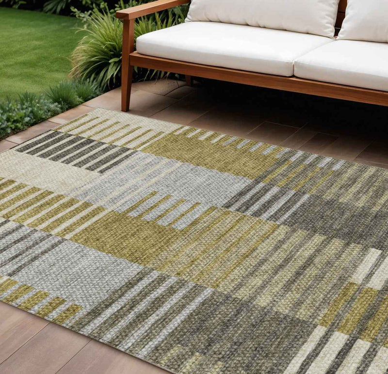 8' X 10' Brown Gold And Taupe Striped Washable Indoor Outdoor Area Rug