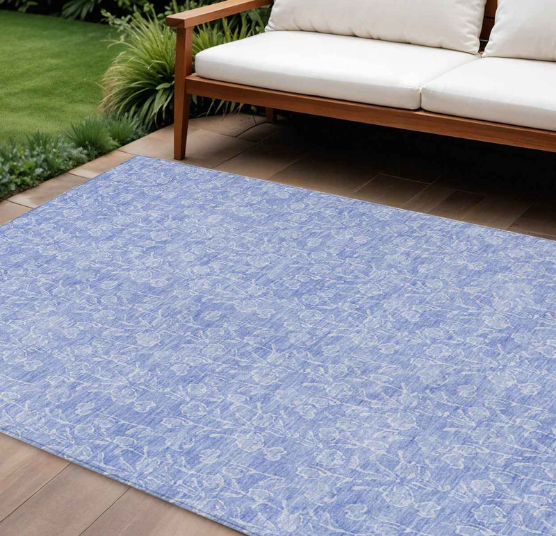 10' X 14' Denim Blue And Ivory Floral Washable Indoor Outdoor Area Rug