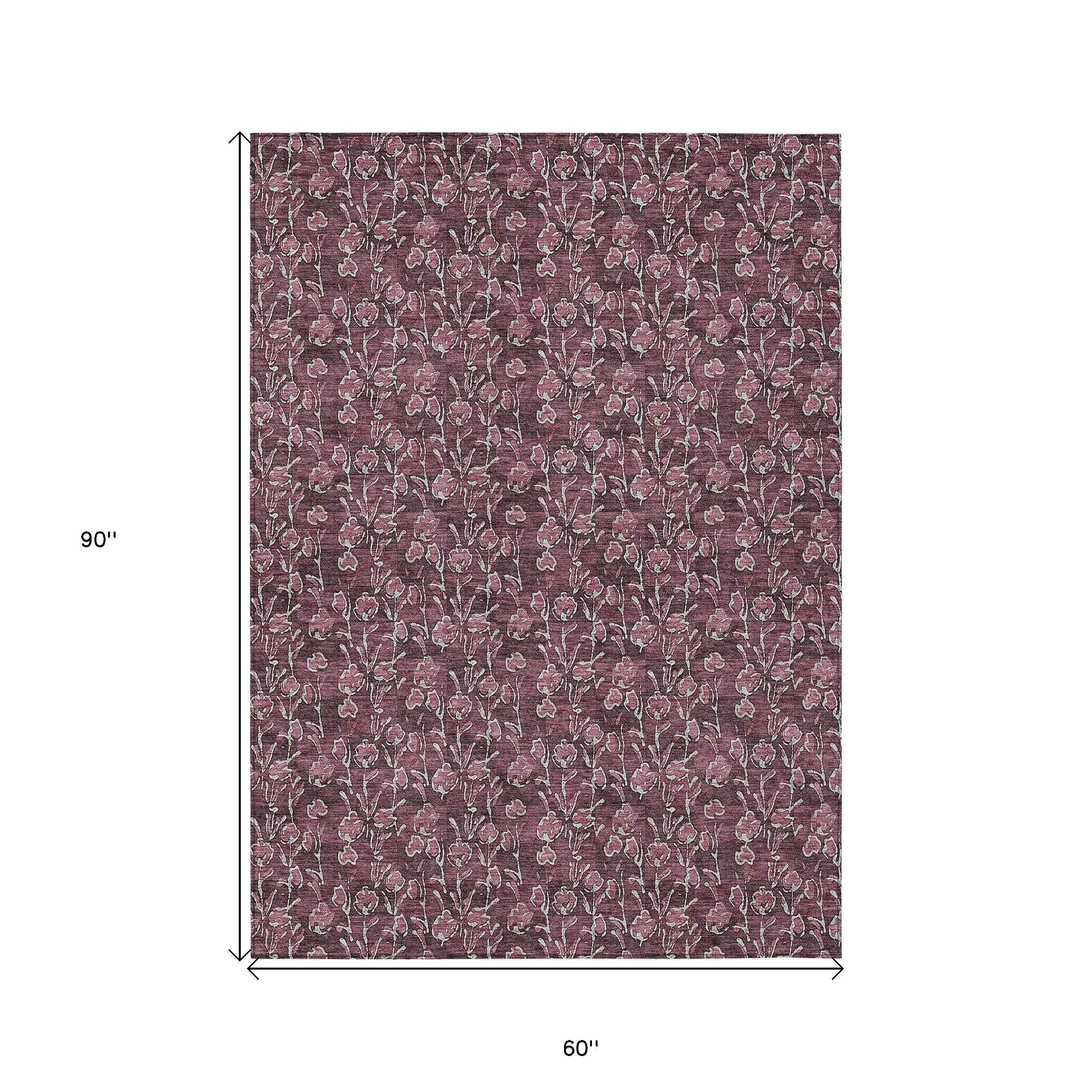 5' X 8' Merlot Mauve And Ivory Floral Washable Indoor Outdoor Area Rug